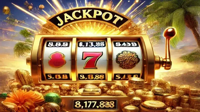 Antarmuka reel slot dengan simbol bonus dan latar permainan